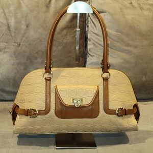 SALVATORE FERRAGAMO BEIGE & BROWN LEATHER GANCINI EMBOSSED LEATHER ZIP SATCHEL